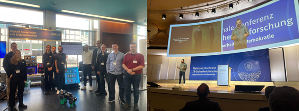 On the left FINSSE Project Partners at the National IT Security Research Conference 20205. On the right Ali Recai Yekta at the Erfindergeist-Slam.
